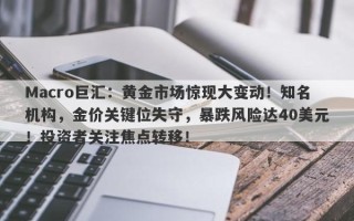 Macro巨汇：黄金市场惊现大变动！知名机构，金价关键位失守，暴跌风险达40美元！投资者关注焦点转移！